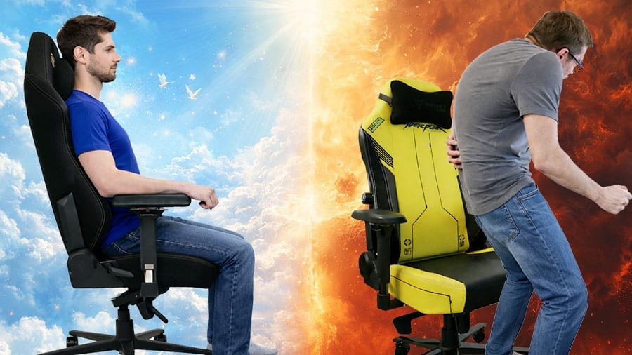 Split image contrasting a man sitting upright in a gaming chair with proper neutral posture on the left versus a man slouching with poor posture and back pain on the right, illustrating that gaming chairs are only beneficial with correct usage.