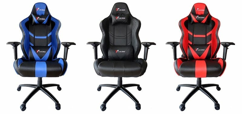 Three TT Racing Royale chairs: blue, red and black