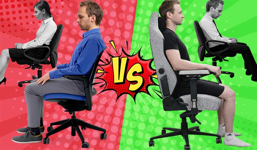Side-by-side comparison of seated posture: in the background are two black and white figures slouching in basic office chairs. In the foreground a user is sitting with good posture in an ergonomic office chair on the left, and in a gaming chair on the right.