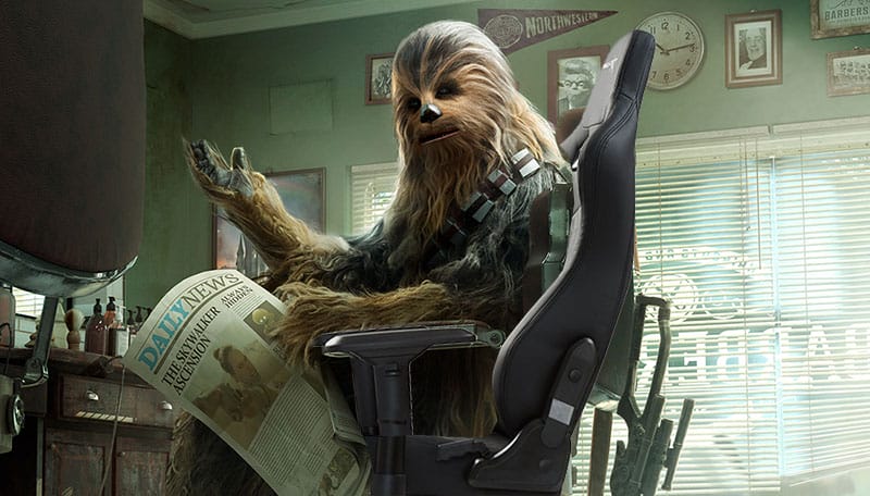 Chewbacca sitting in a gaming chair