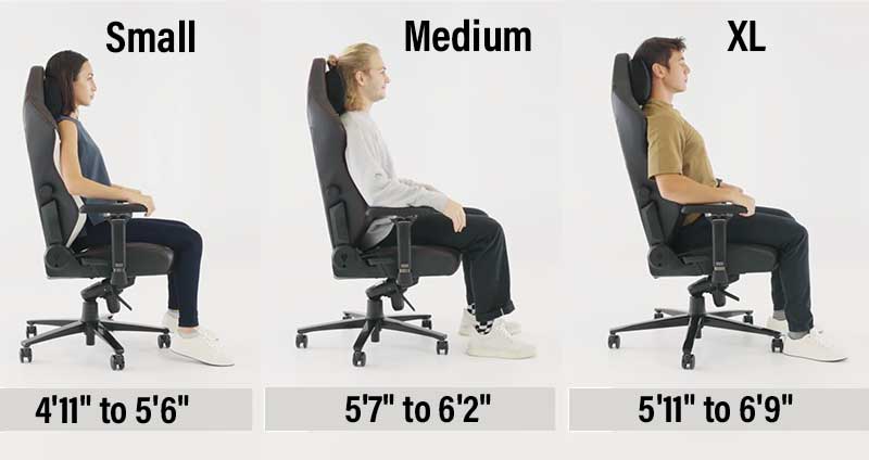 Three gaming chair sizes: small, medium, extra large