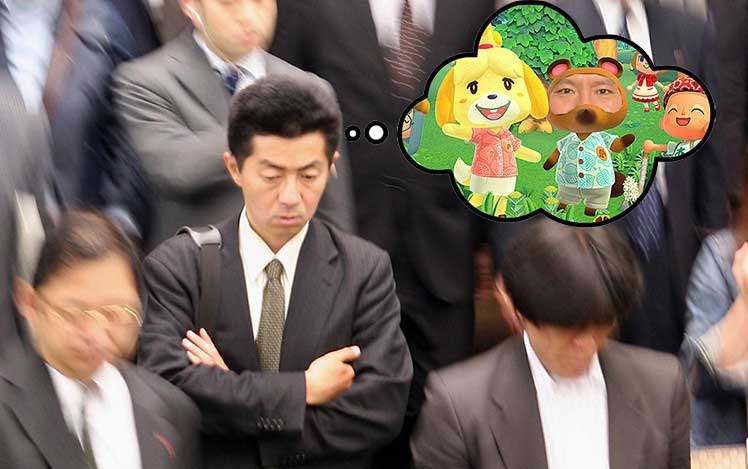 Tired salaryman dreaming of playing video games