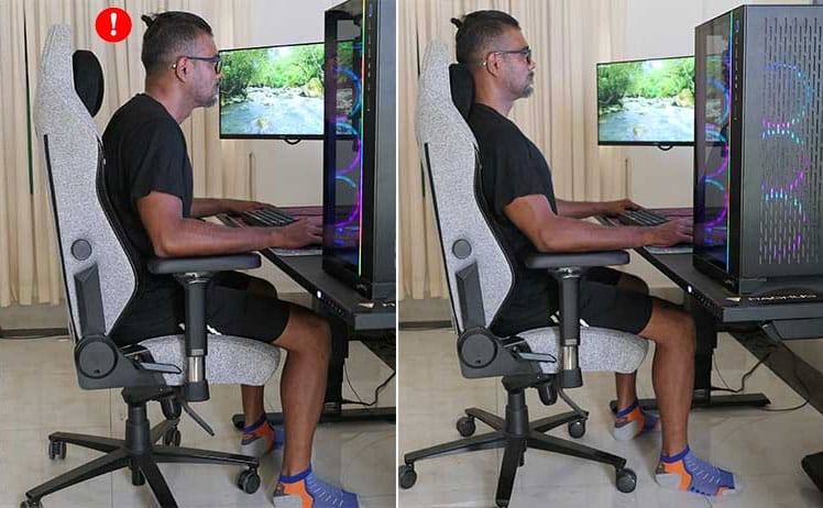 Side-by-side seated posture comparison showing forward head tilt without neck contact versus upright posture with neck touching the headrest.