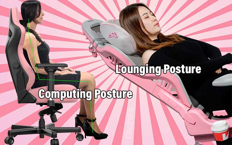 Upright and relaxed gaming chair sitting modes