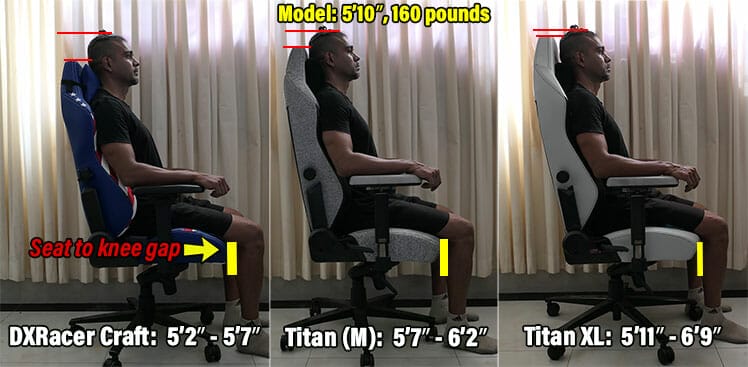 Average-sized man in small, medium, and XL gaming chairs