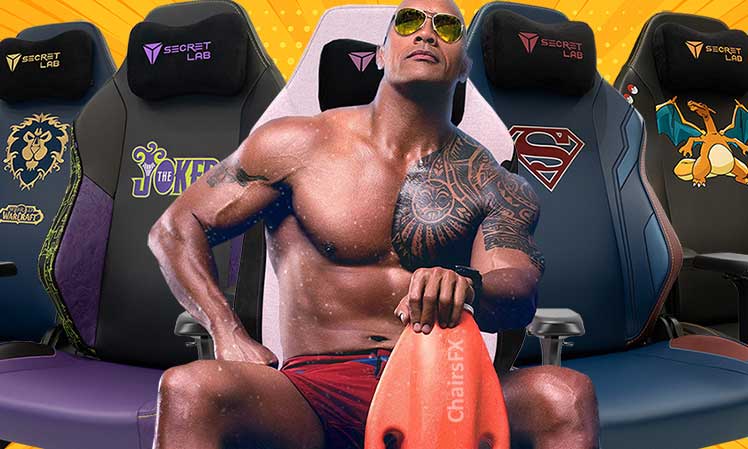 The Rock sitting on a Secretlab Plush Pink gaming chair on sale