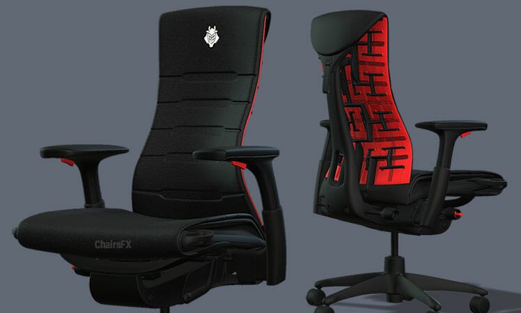 3D mockup of a custom G2 esports Herman Miller Embody gaming chair