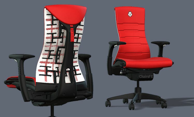 3D mockup of a custom red G2 esports Herman Miller Embody gaming chairs
