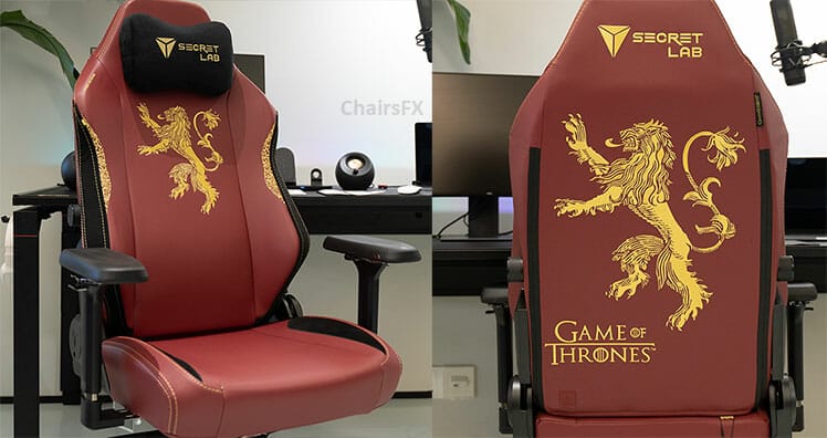 Secretlab Titan House Lannister gaming chair side and front poses with Magnus in the desk background