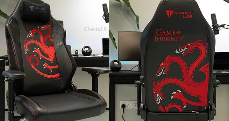 House Targaryen gaming chair posed at a desk; side and rear views