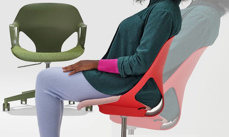 Person sitting in a Herman Miller Zeph chair straight and in a recline