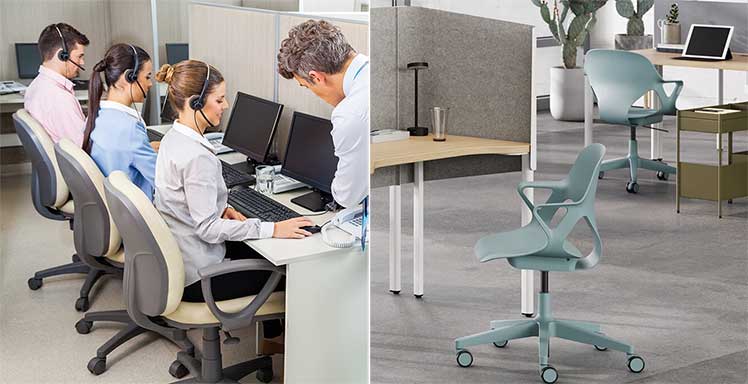Old office chairs in use at cubicles vs modern, stylish Zeph chairs 