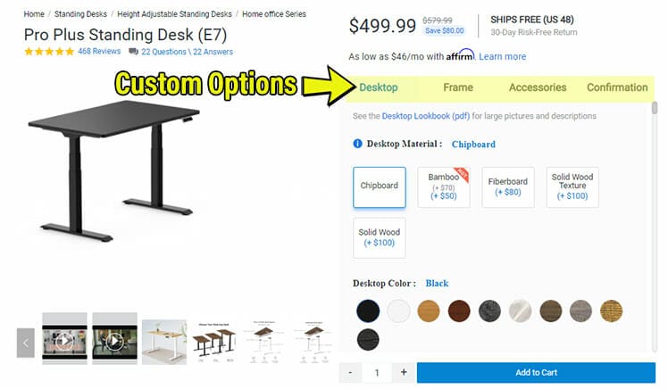 How to navigate Flexispot desk page for custom build options