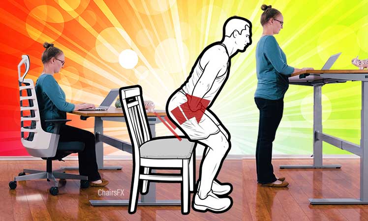 Woman working her hips while sitting and standing at a computer desk