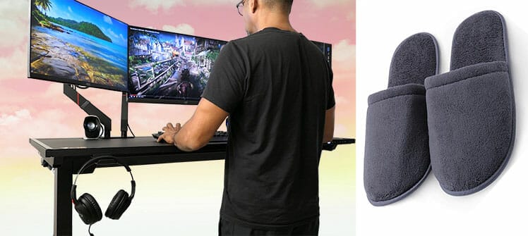 Man using a standing desk with cheap house slippers