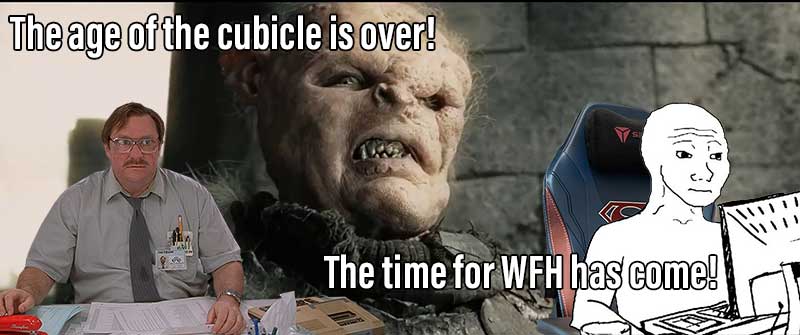 Cubicle life vs work from home meme