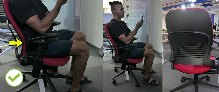 Steelcase Leap chair, 5'9" man sitting, side profile