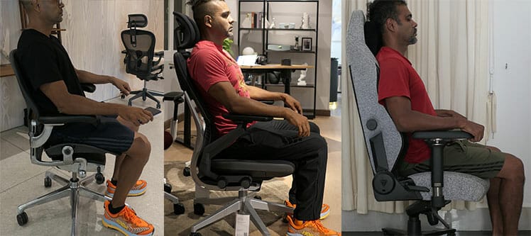 Neutral posture poses in Herman Miller, Steelcase, and Secretlab chairs