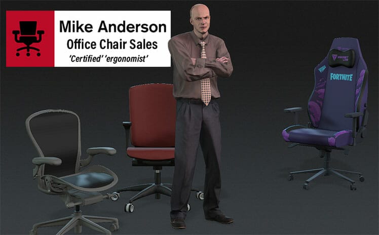 Angry office chair salesman promoting office chairs over gaming chairs