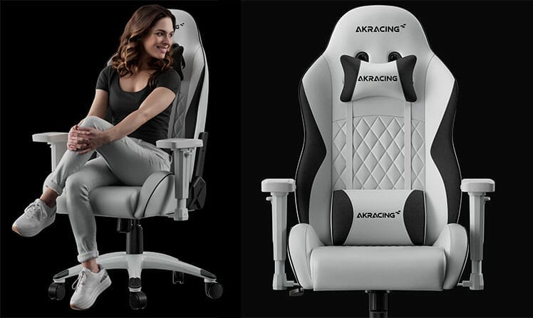Woman sitting in AKRacing California, plus closeup of the chair's backrest and lumbar pillow