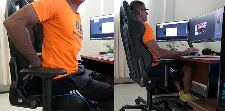Man adjusting his lumbar support and then sitting with good posture in a DXRacer gaming chair