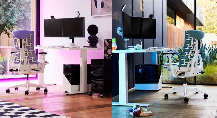 Herman Miller Embody gaming chair and desk setups in two colors
