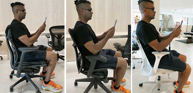 Mobile support poses in Embody, Mirra 2, and Sayle ergonomic chairs