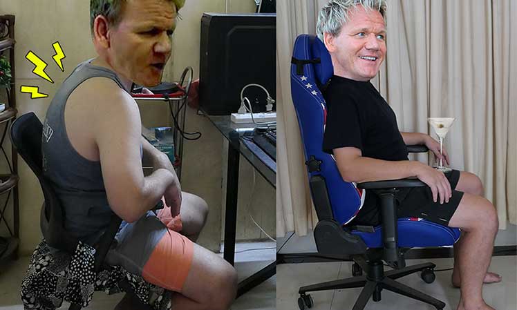 Side views of a man slouching in a cheap office chair and sitting with good posture in a gaming chair