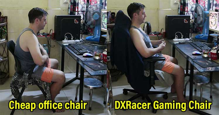 Man sitting in cheap office chair vs ergonomic gaming chair