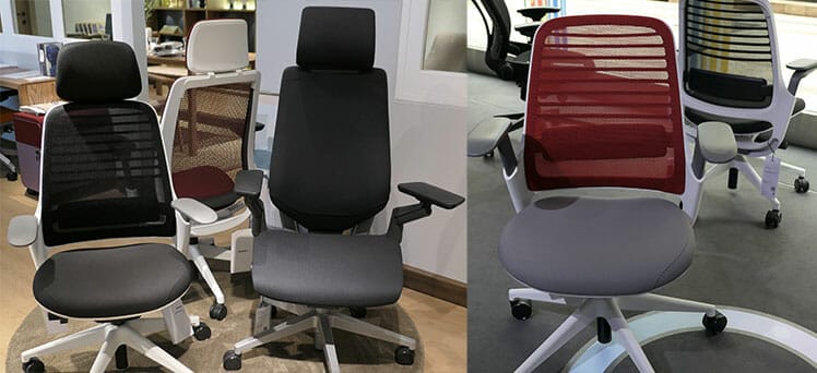 Steelcase Series 1 front and back vs Steelcase Gesture showroom poses
