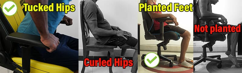 Man showing tucked vs curled hips; planted vs dangling feet in gaming chairs