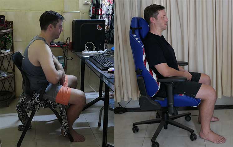 Side views of a man slouching in a cheap office chair and sitting with good posture in a gaming chair
