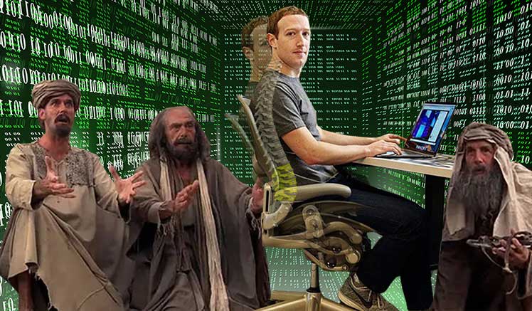 Mark Zuckerberg in Aeron chair with three worshippers revering him