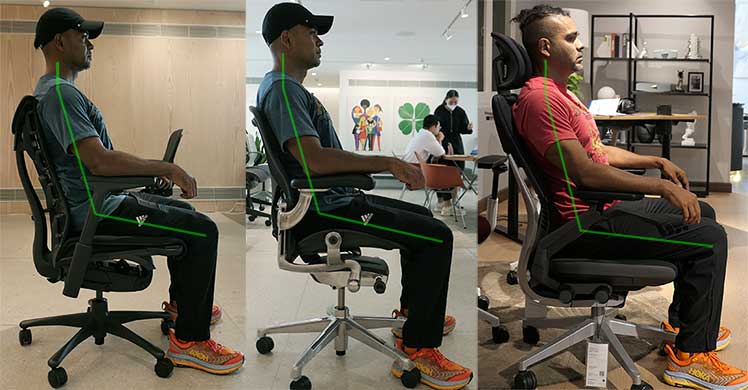 Man showing healthy sitting side poses in 3 elite ergonomic office chairs