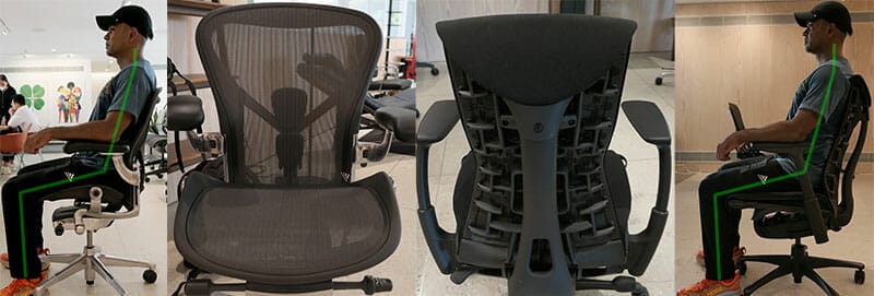 Herman Miller's flagship Aeron and Embody chairs plus side sitting poses