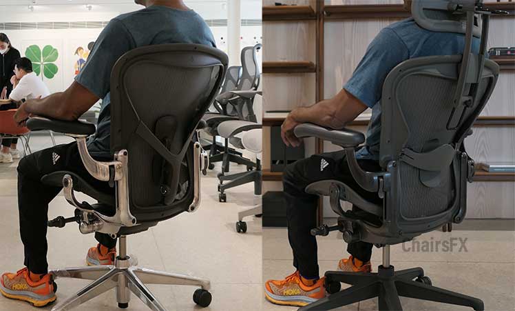 Man sitting in Aeron chair with Posturefit and sliding lumbar pad types for comparison