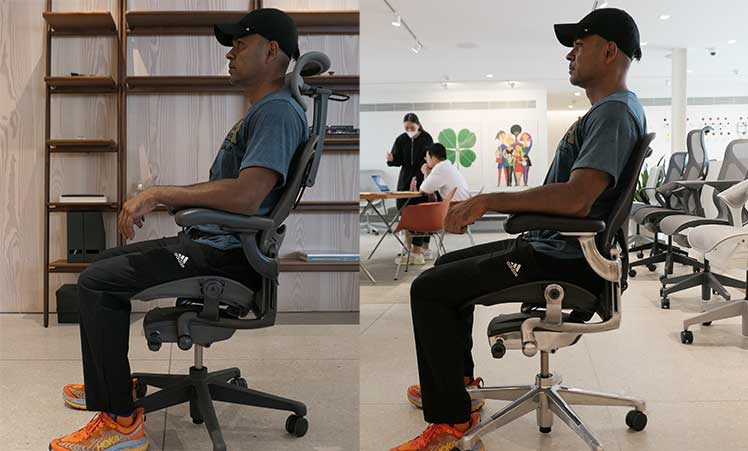 Herman Miller Aeron postures compared in a sliding lumbar vs Posturefit-equipped model