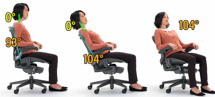 Healthy neck posture in all upright and reclined Herman Miller Aeron chairs