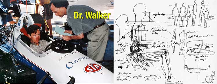 Dr. Brock Walker attending to a race car driver; inspiration for the Aeron chair's back support