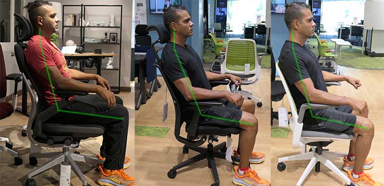 Man showing posture support from a side view in three Steelcase ergonomic office chairs