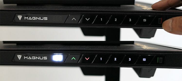 Closeup of the Magnus Pro desk control panel (turned off and turned on)