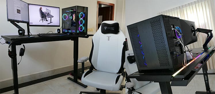 Front and rear views of a finished Magnus Pro desk setup with PC and cable management