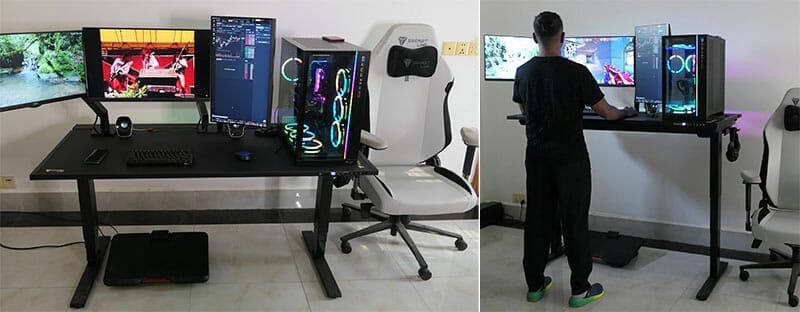 Side-by-side images of a Secretlab Magnus Pro desk setup in seated and standing modes, paired with a Secretlab gaming chair, showing a customizable workstation designed for posture variation and long work sessions.