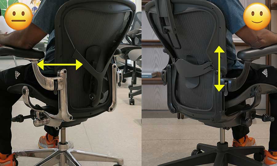 Herman Miller Aeron Posturefit and sliding lumbar pads compared; man sitting in Aeron chairs