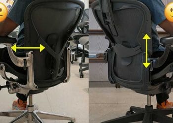 Herman Miller Aeron Posturefit and sliding lumbar pads compared; man sitting in Aeron chairs