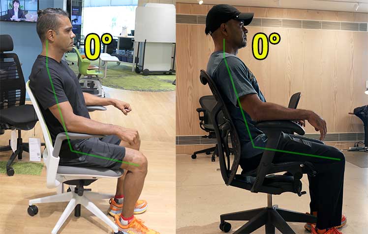 Man making perfect neck posture side poses in two ergonomic office chairs