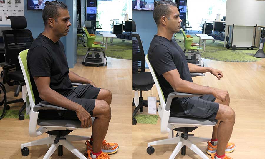 Side-by-side comparison in white office chair: slouched posture with low seat settings (left) versus upright posture with proper seat height and lumbar positioning (right), in a Steelcase Series 1 chair