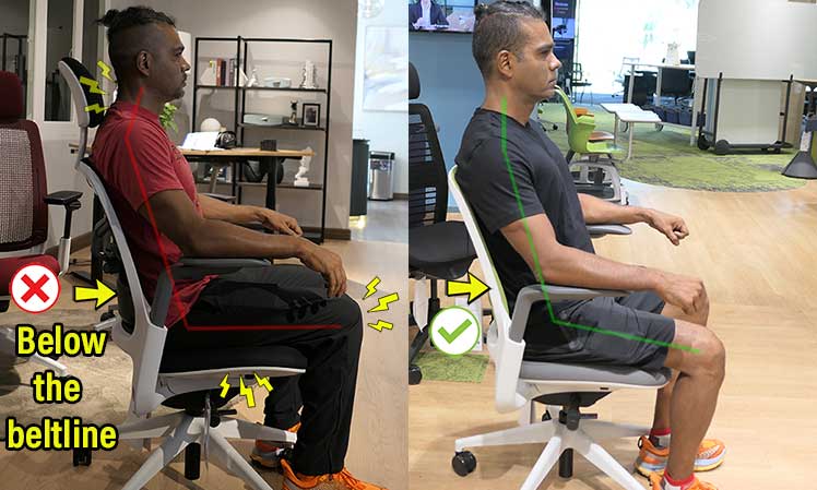 Side profile man sitting with poor and good posture in Steelcase Series 1 chairs