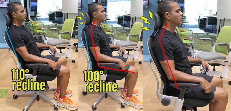 man showing how the Steelcase Leap pushes the neck forward while sitting