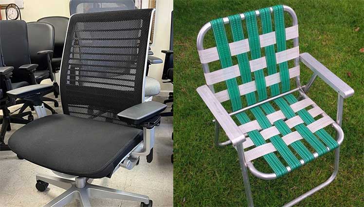 Side by side comparison of a Steelcase Think chair and 1980s-style outdoor lawn chair